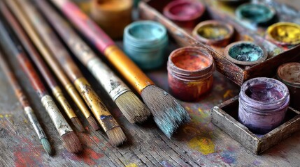 Obraz premium Artistic supplies including brushes and color paints placed on tabletop