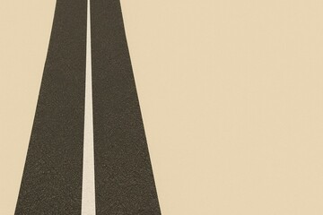 Minimalist asphalt road with white line in monochrome tones extending into the distance on a beige background, symbolizing a path or journey not destination travel