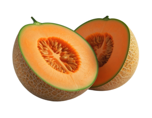 Two halves of sun-ripened sweetness, glowing like twin hearts of summer. Their seeds rest in harmony, the netted skin like a veil—delicate, alive, and perfectly designed for flavor and light