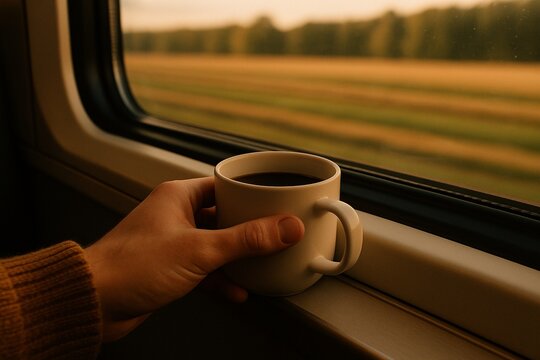 Hand pensively holding a coffee cup by a train window with a blurred landscape passing by, evoking travel comfort, train window motion blur effect - Powered by Adobe