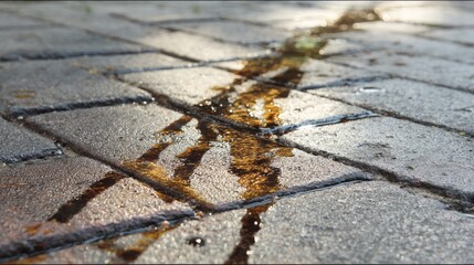 Close-up of oily streaks and blotches on outdoor pavement