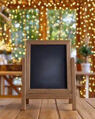 Elegant Chalkboard Sign on Wooden Backdrop With String Lights Creating a Warm Atmosphere