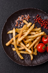 Food, French fries fried with salt and rosemary. Homemade crispy chips