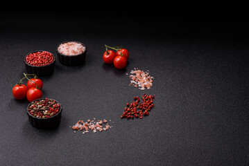 Ingredients for cooking cherry tomatoes, salt, spices and herbs