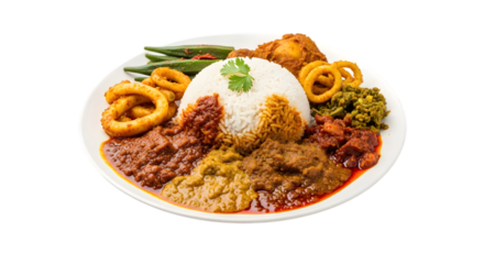 A Colorful Plate of Malaysian Nasi Kandar Rice with Assorted Curries and Side Dishes on isolated transparent background