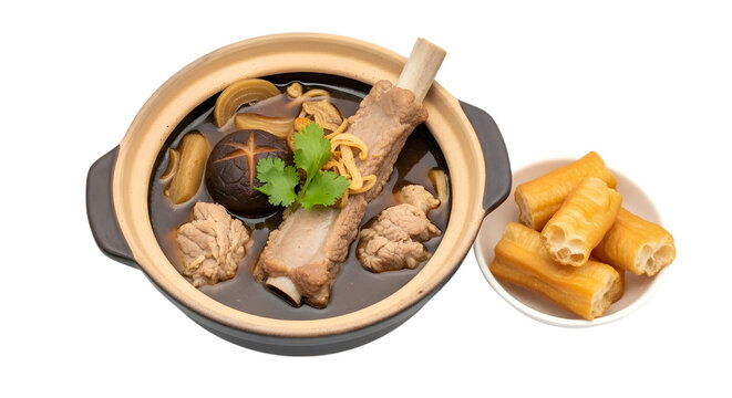 A Claypot of Herbal Malaysian Bak Kut Teh a Savory Pork Rib Soup with Dough Sticks on isolated transparent background