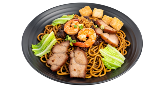 A Saucy Plate of KL-Style Hokkien Mee Noodles Braised in a Dark Soy Sauce on isolated transparent background