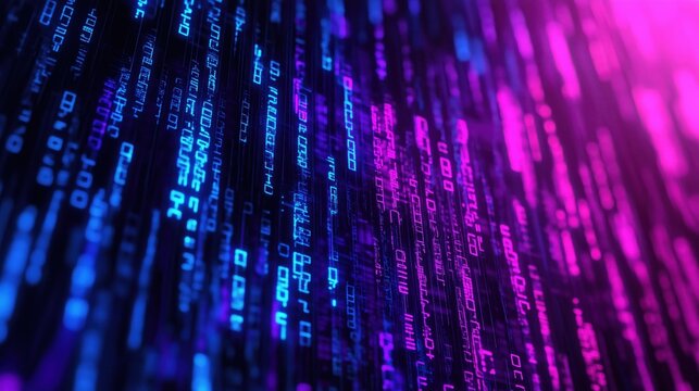 Futuristic cyberpunk digital matrix code streams in vibrant blue and purple hues, flowing data streams - Powered by Adobe