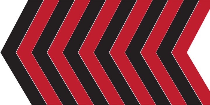 Bold geometric pattern with alternating black and red chevrons forming a repeating left-pointing arrow motif, creating a strong directional abstract design