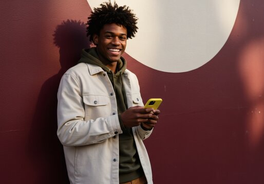 Portrait of smiling african american man using mobile phone outdoors against a colorful wall background