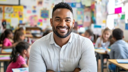 Warm and approachable male elementary school teacher smiling directly at the camera with engaged students in a classroom