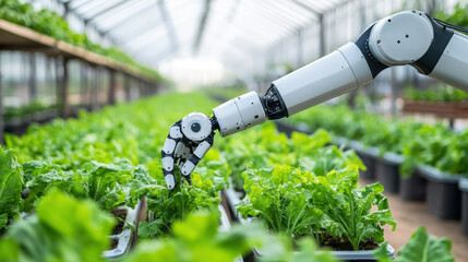 Robotic arm harvesting lettuce in modern greenhouse