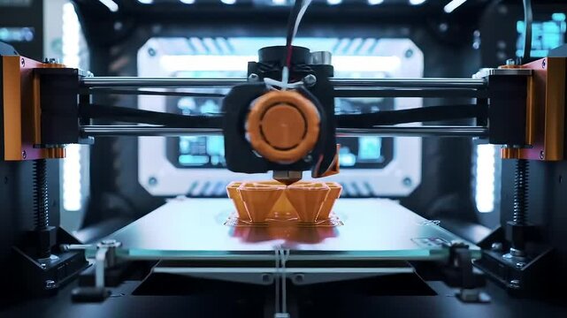 Close up of a three d printer creating an orange object on a white surface inside a dark machine