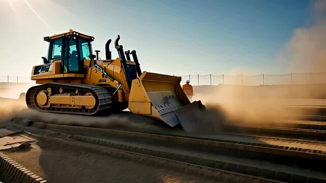 Bulldozer Driving Through Construction Site with Dust and Sand in Harsh Lighting