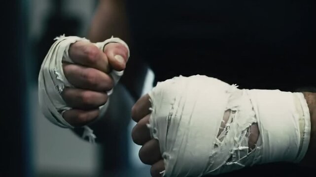 Close up of two fists wrapped in white bandages ready for a boxing or fighting match training session