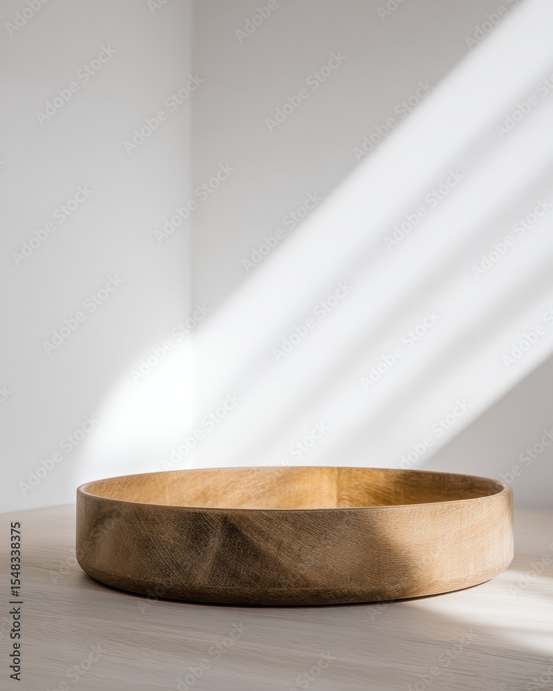 Poster Wooden Tabletop With a Round Tray Illuminated by Soft Overhead Light in a Minimalist Setting