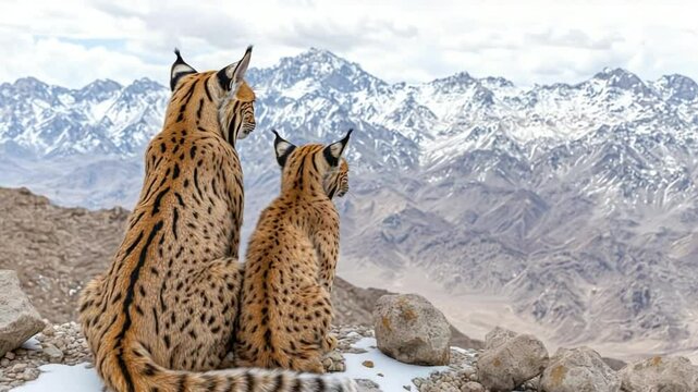 Two snow leopard cubs on a mountain peak