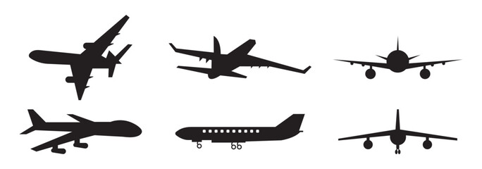 Airplane Icon Collection: Outline and Solid Styles, A set of 12 airplane icons in outline, solid, and decorative styles, ideal for travel, aviation, transportation, and logistics design projects.