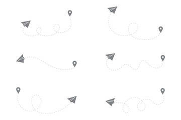 Airplane dashed line path flat style design isolated on white background. plane icon follow from start pin point to finish by dashed line. Airplane route trace flight air map. 