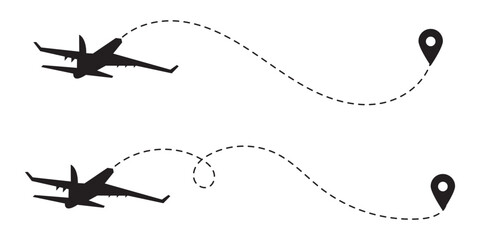 Airplane line path vector icon of air plane flight route with start point and dash dotted line trace. Love travel route. Airplane routes. Travel vector icon.