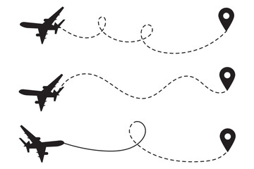 Airplane line path vector icon of air plane flight route with start point and dash dotted line trace. Love travel route. Airplane routes. Travel vector icon.