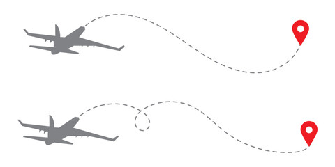 Airplane line path vector icon of air plane flight route with start point and dash dotted line trace. Love travel route. Airplane routes. Travel vector icon.
