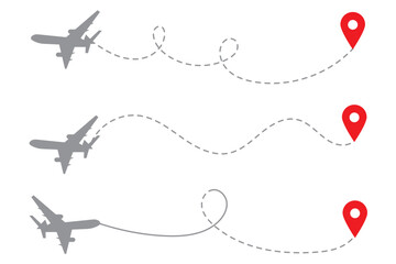 Airplane line path vector icon of air plane flight route with start point and dash dotted line trace. Love travel route. Airplane routes. Travel vector icon.