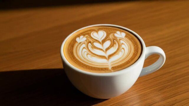 Coffee with latte art served in a white cup on wooden table  