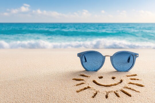 Summer beach vacation concept with blue sunglasses