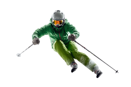 Skiing Player Gliding Downhill in Full Gear on a Bright White Background