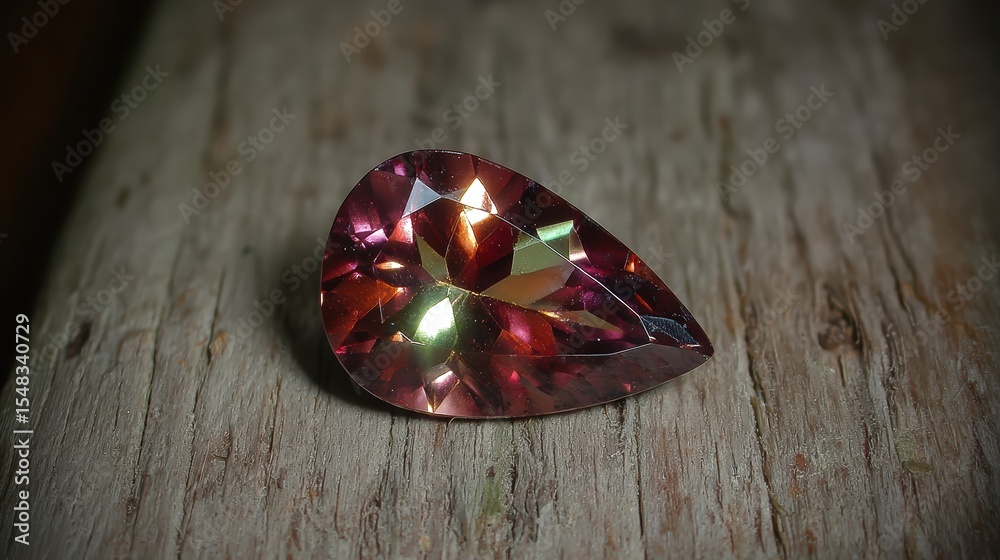Poster a polychrome tourmaline gemstone rests on a rustic wooden surface
