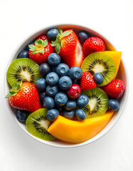 Photograph of a vibrant fruit bowl with halved kiwis, whole blueberries, strawberries, and pineapple slices on a white background