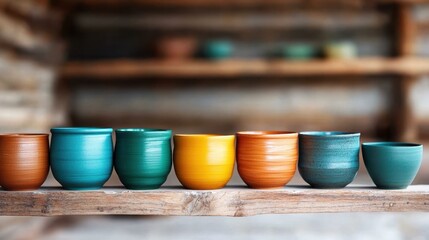 A stunning display of handcrafted colorful pottery arranged on a wooden shelf, showcasing an artistic blend of colors and textures that highlights unique craftsmanship.