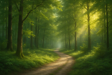 A serene, sunlit forest path flanked by towering trees and lush greenery, with a soft, ethereal light filtering through