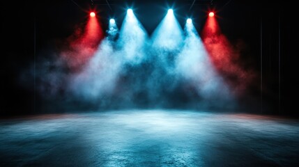 Vibrant stage lights in red and blue illuminate a performance area, creating an energetic atmosphere filled with anticipation and excitement for the audience.