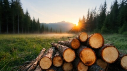 A serene sunrise illuminates a stack of cut logs in a lush green forest, surrounded by towering trees and misty mountains, creating a peaceful and natural atmosphere.
