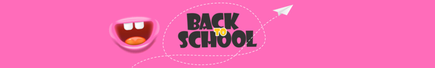 Back to School Cartoon Banner Vector Adorable Pink Monster Character with Open Mouth and Paper Plane, Ideal for Educational Promotions and Kids Events