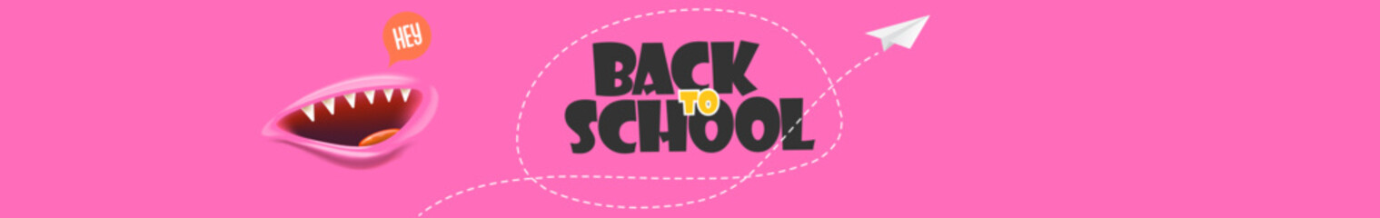 Back to School Cartoon Banner Vector Adorable Pink Monster Character with Open Mouth and Paper Plane, Ideal for Educational Promotions and Kids Events