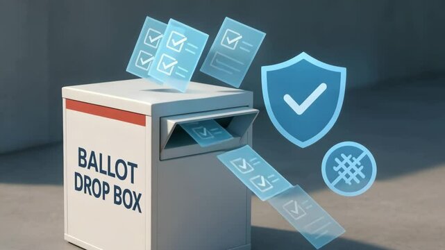 A white ballot drop box emits animated check-marked papers beside a blue shield symbol. Concept of secure absentee voting and election integrity.

