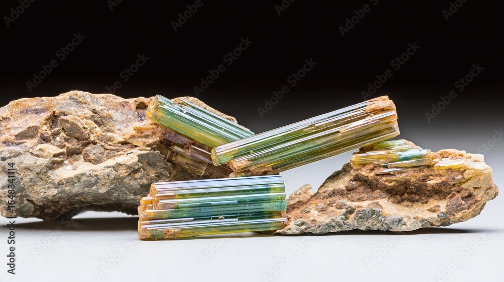 Poster natural polychrome tourmaline crystals displayed on unique stone formations