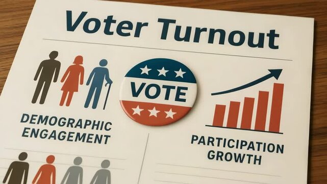 A printed U.S. report titled voter turnout displays gender icons and a rising bar chart on wooden tabletop. Concept of election analytics and civic engagement growth.