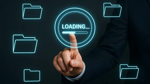 A businessman&rsquo;s finger taps a circular loading indicator surrounded by folder icons. Concept of file transfer and data preparation.