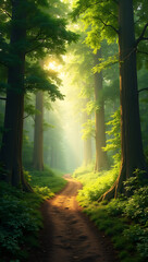 Obraz premium A serene, sunlit forest path flanked by towering trees and lush greenery, with a soft, ethereal light filtering through