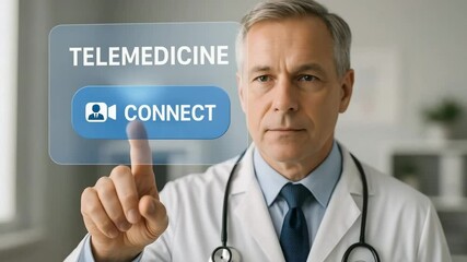 An experienced physician in white coat initiates video care by touching a digital connect panel. Concept of remote healthcare and modern communication.

 - Powered by Adobe