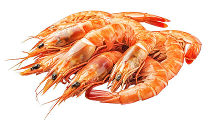 Pile of cooked, whole, orange-red shrimp on dark ground