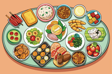 various plates of food isolated on a white background, top view.