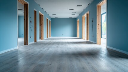 Fototapeta premium A spacious and modern room with light blue walls and wooden frames, inviting a sense of tranquility and openness, perfect for interior design inspirations and endless possibilities.