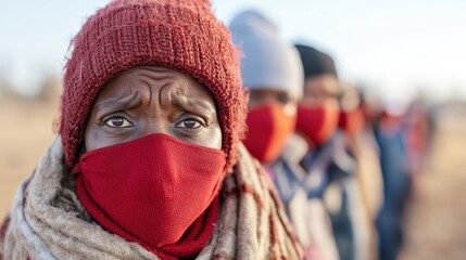 A concerned woman wearing a red mask stands out in a lineup of masked individuals, symbolizing resilience and community spirit during challenging times.