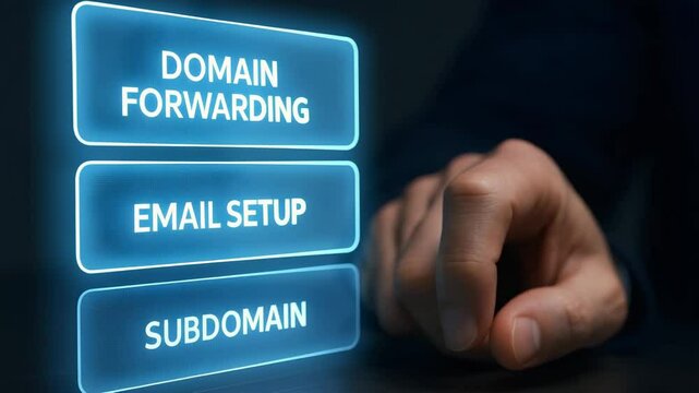 A hand selects domain forwarding email setup and subdomain options on a glowing interface. Concept of website configuration and streamlined control.