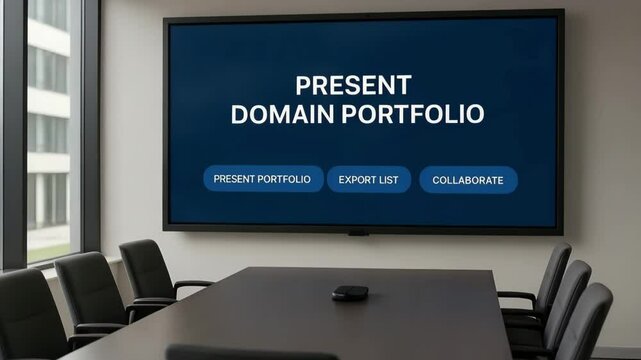A conference room display shows present domain portfolio with options to export and collaborate. Concept of digital asset review and strategic planning.